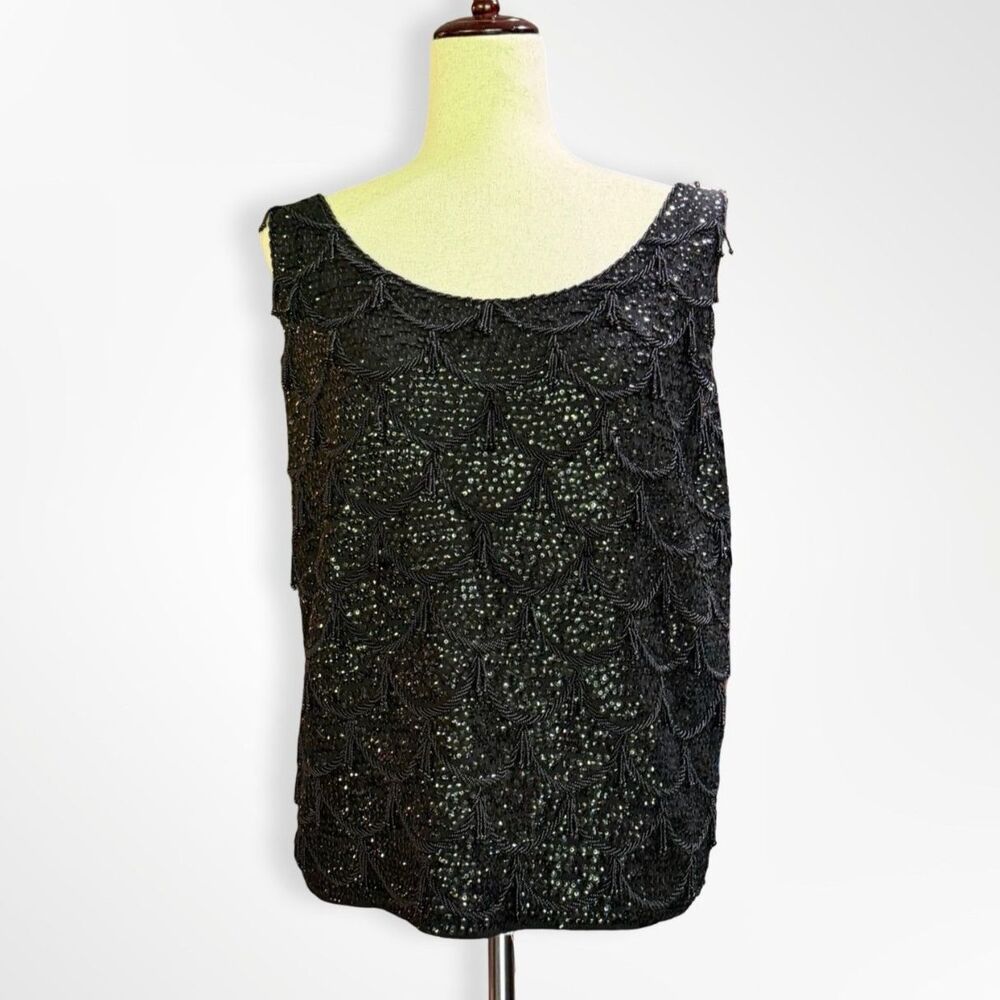 VTG 60s Mai Ling Black Fringe Beaded Scalloped Sleeveless Top, L